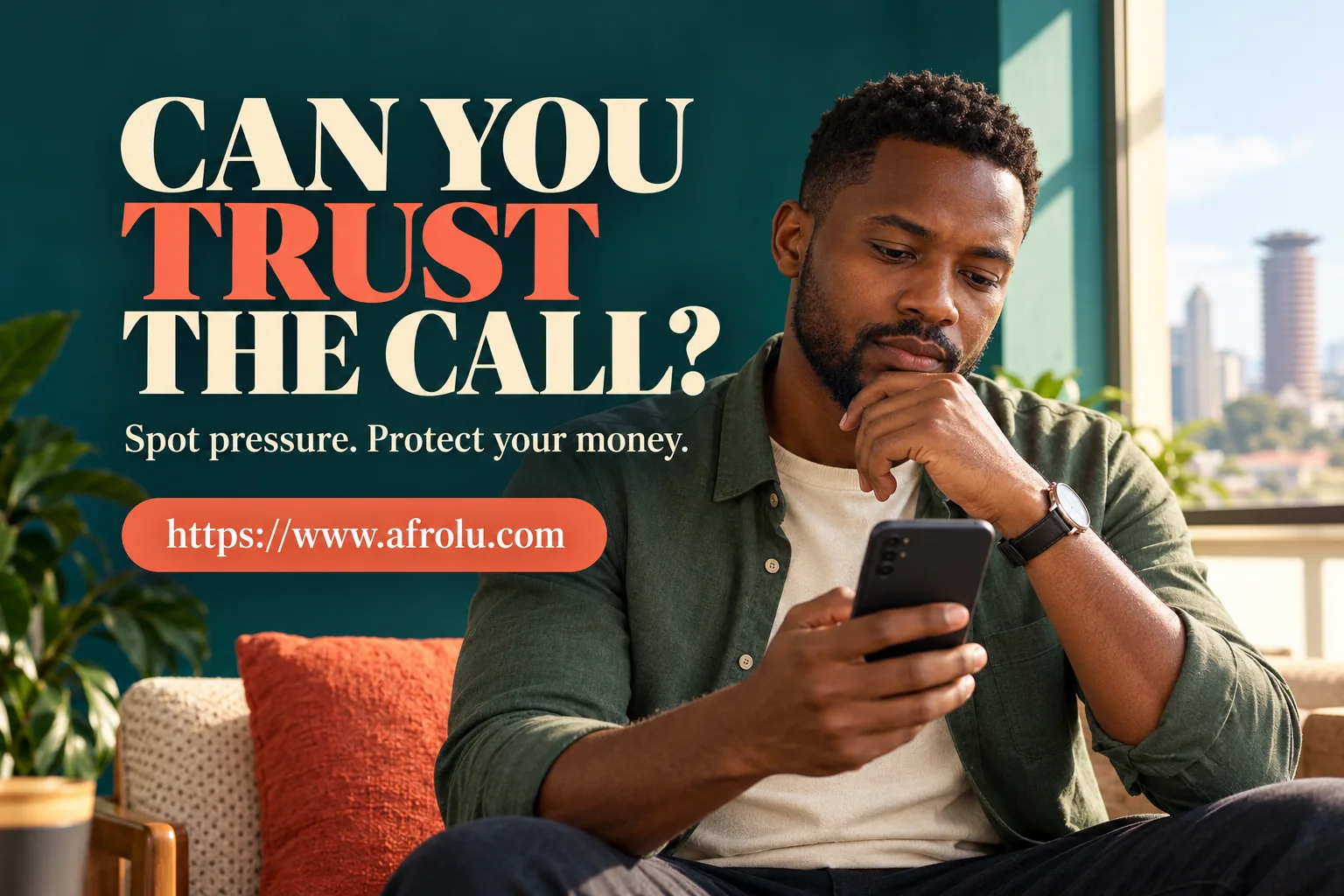 A man pauses with his phone beside a window; the cover asks Can you trust the call?
