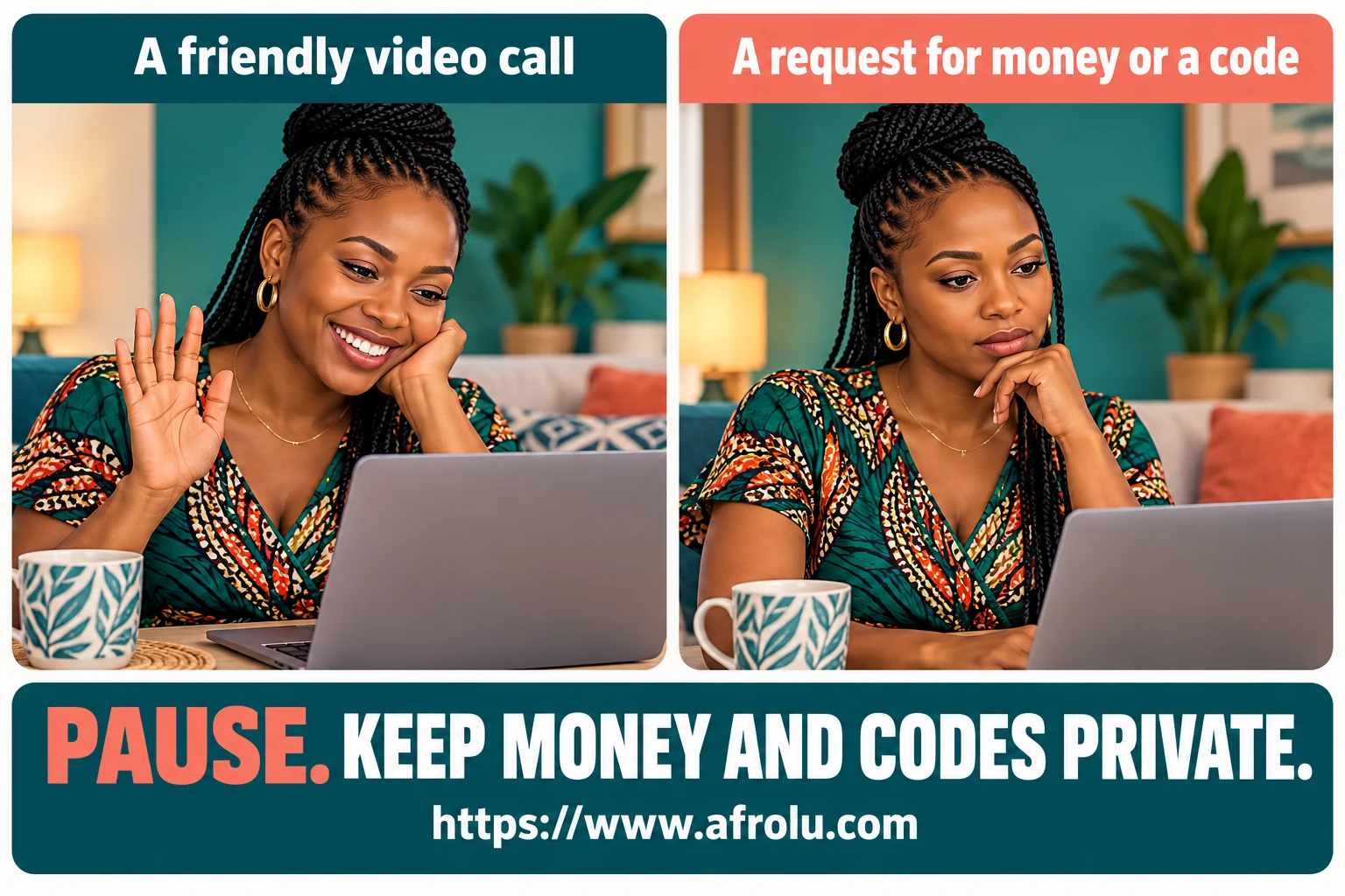 A friendly video call is followed by a request for money or a code: pause and keep money and codes private.