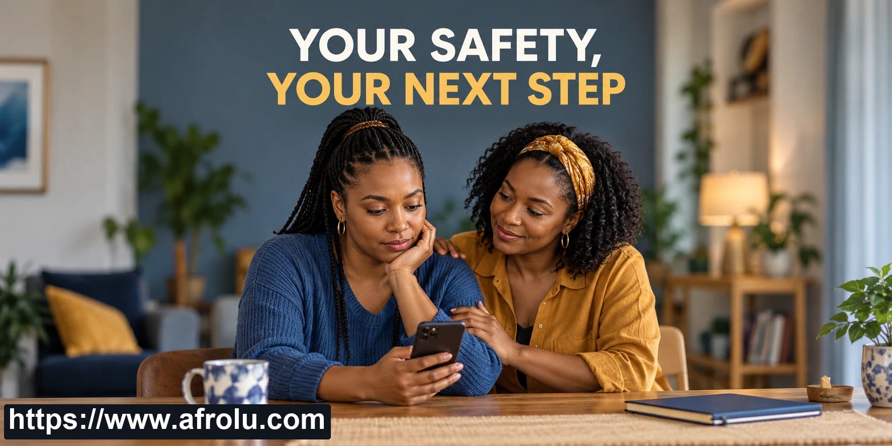 A woman looks at her phone while another woman sits beside her with a hand on her shoulder.