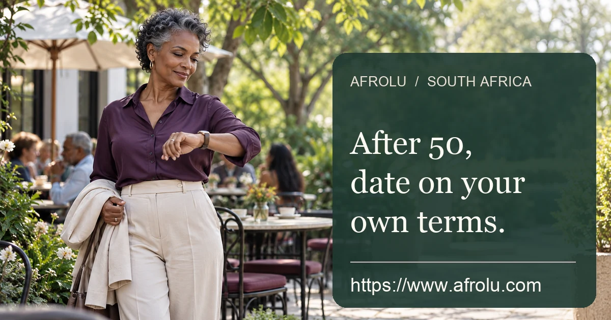 Woman in her late fifties checks her watch as she arrives at a public garden cafe