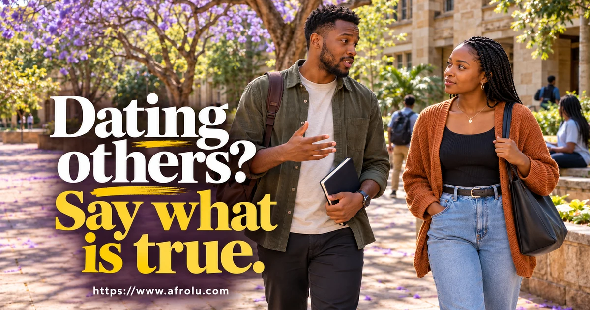 Two adult Black students talk while walking through a tree-lined Nairobi campus.
