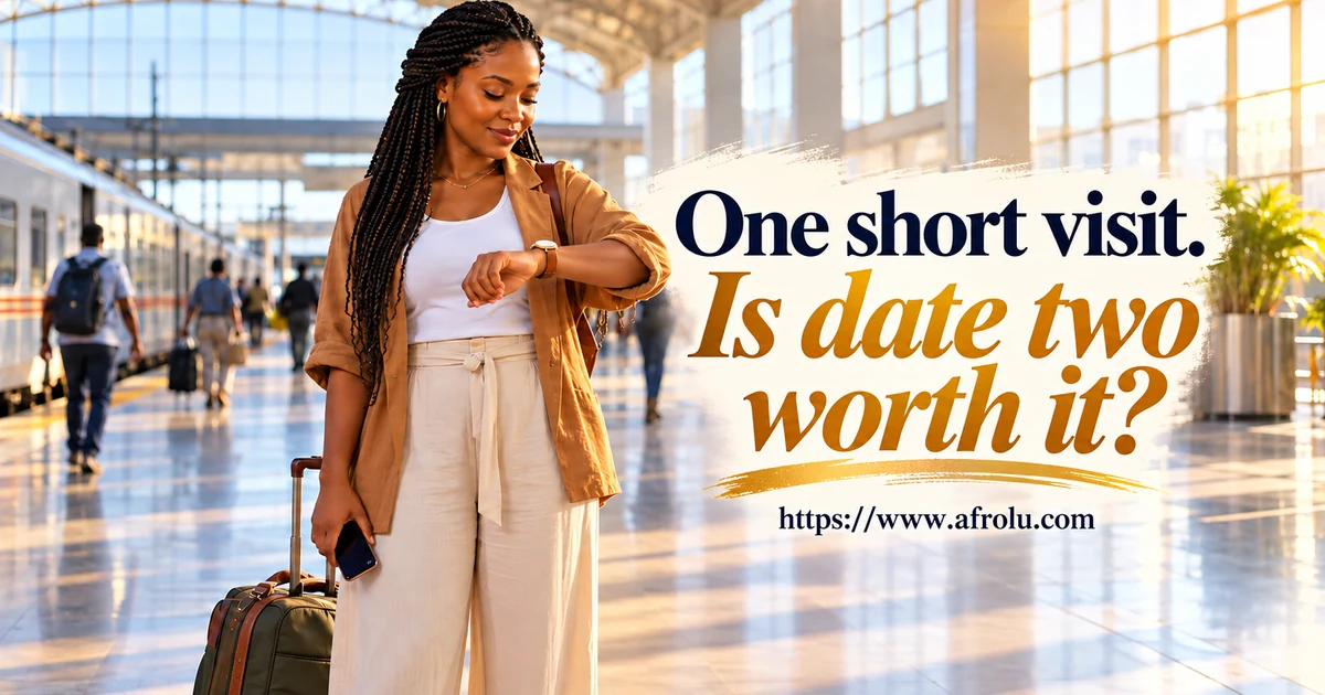 Adult Black woman with a weekend bag checks her watch at a busy railway station.
