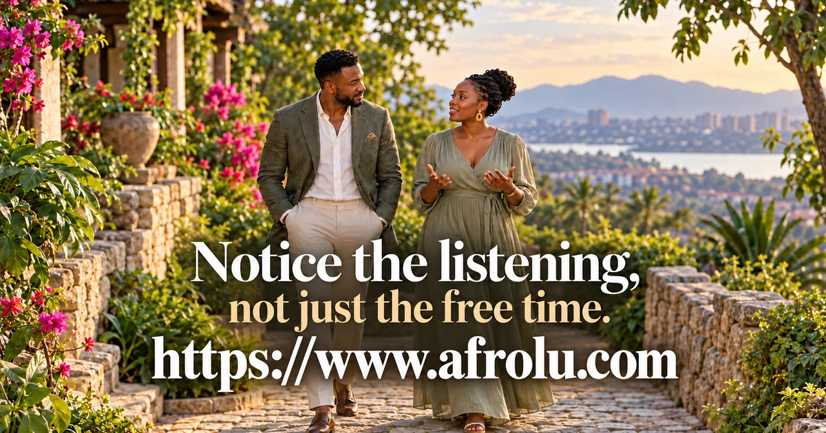 Two adult Black professionals listen and talk on a weekend walk through a public garden.