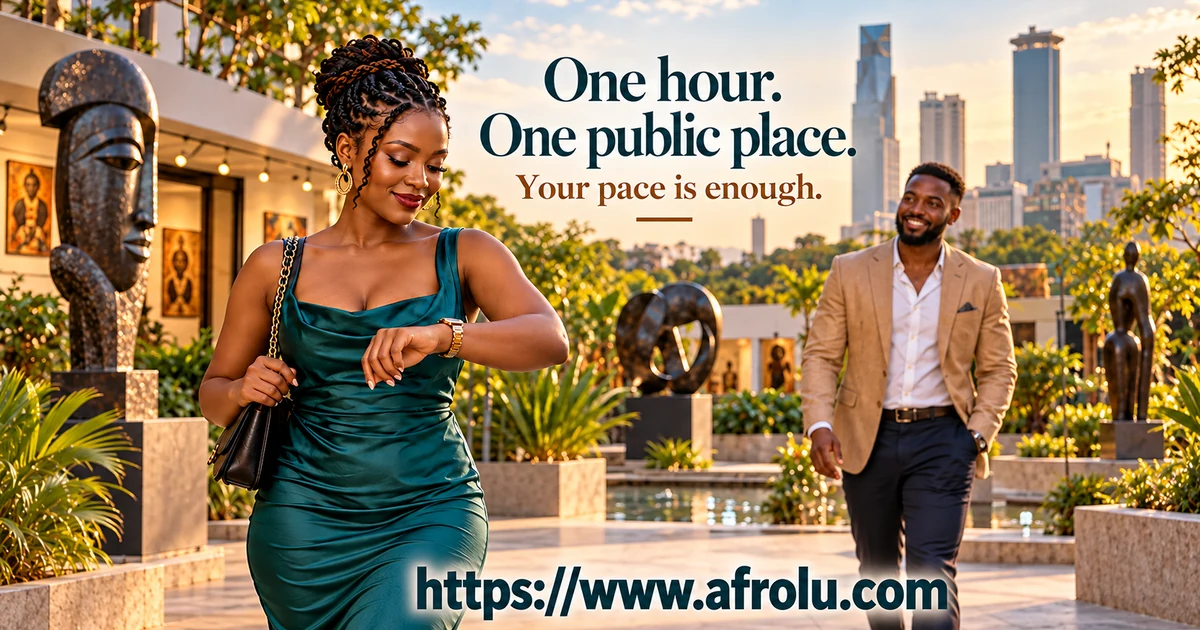 Adult Black woman checks her watch before meeting an adult date in a public Nairobi art gallery courtyard.