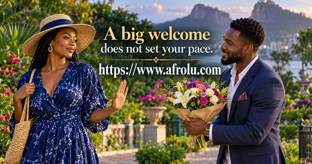 Adult Black traveler calmly pauses as another adult offers a large bouquet in a public garden courtyard.