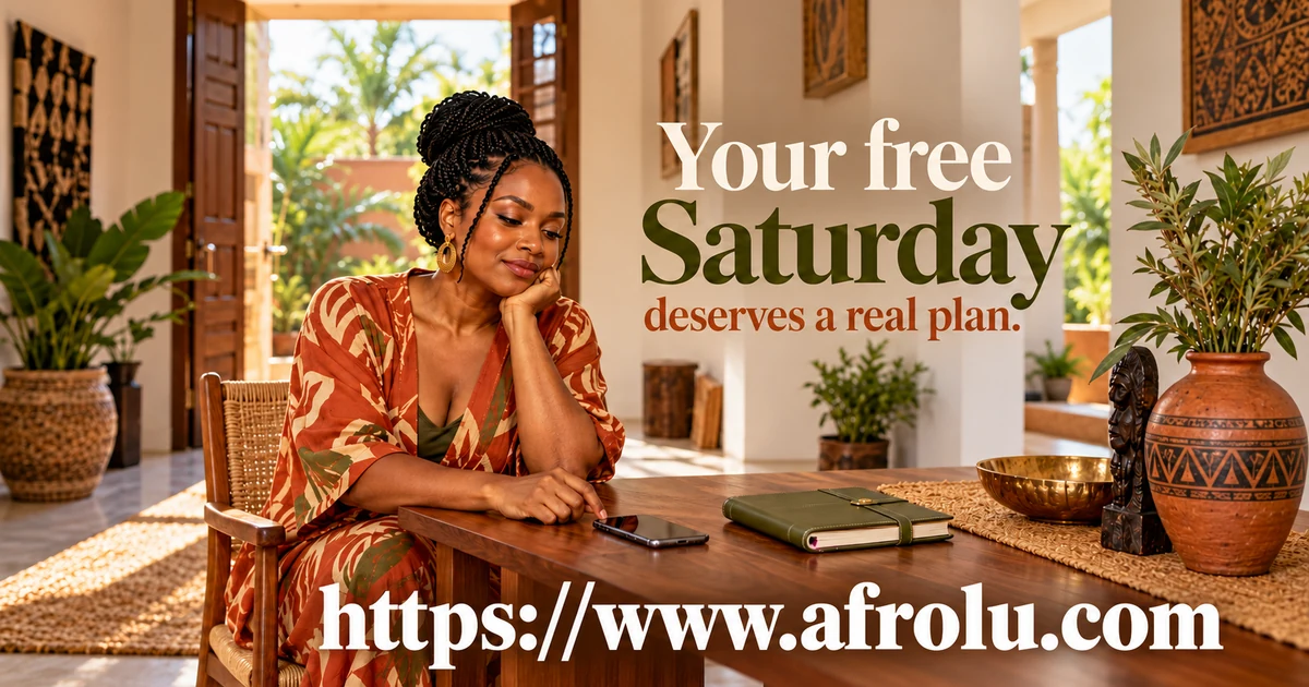 Adult Black parent pauses by a phone and closed planner at home before making weekend plans.