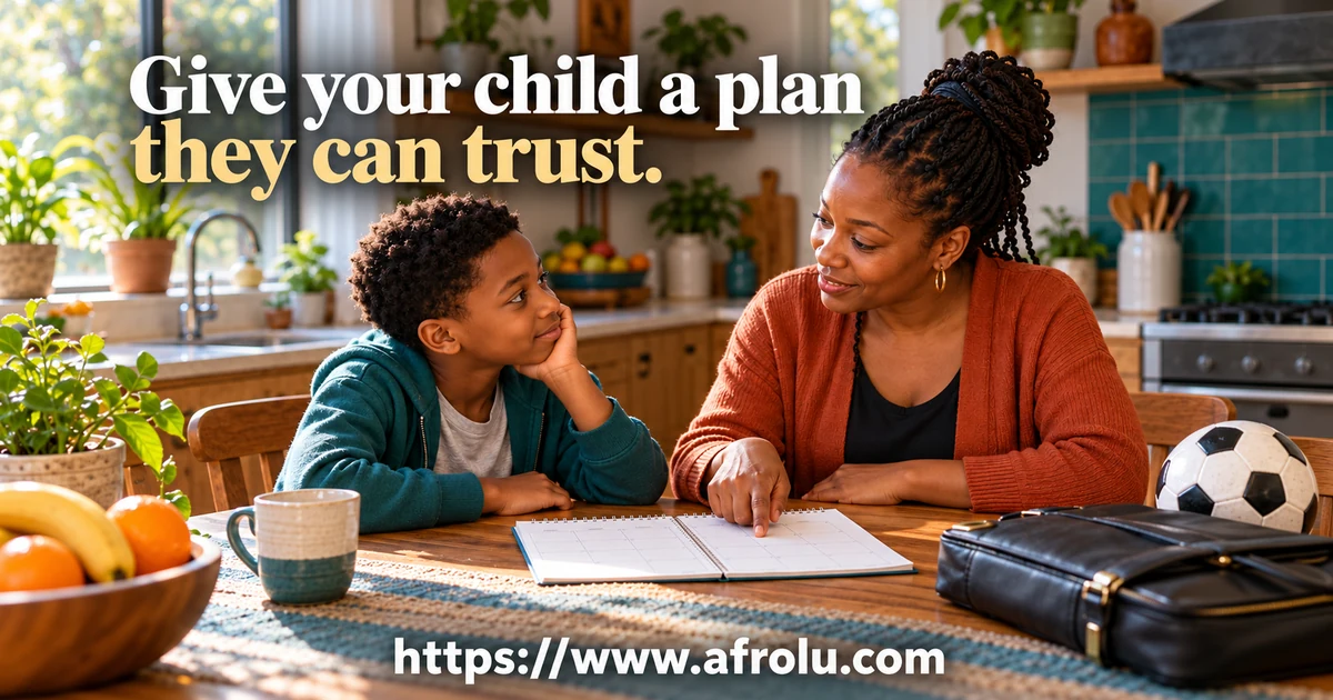 Adult Black working mother talks with her ten-year-old son at their home table about the weekend care plan.
