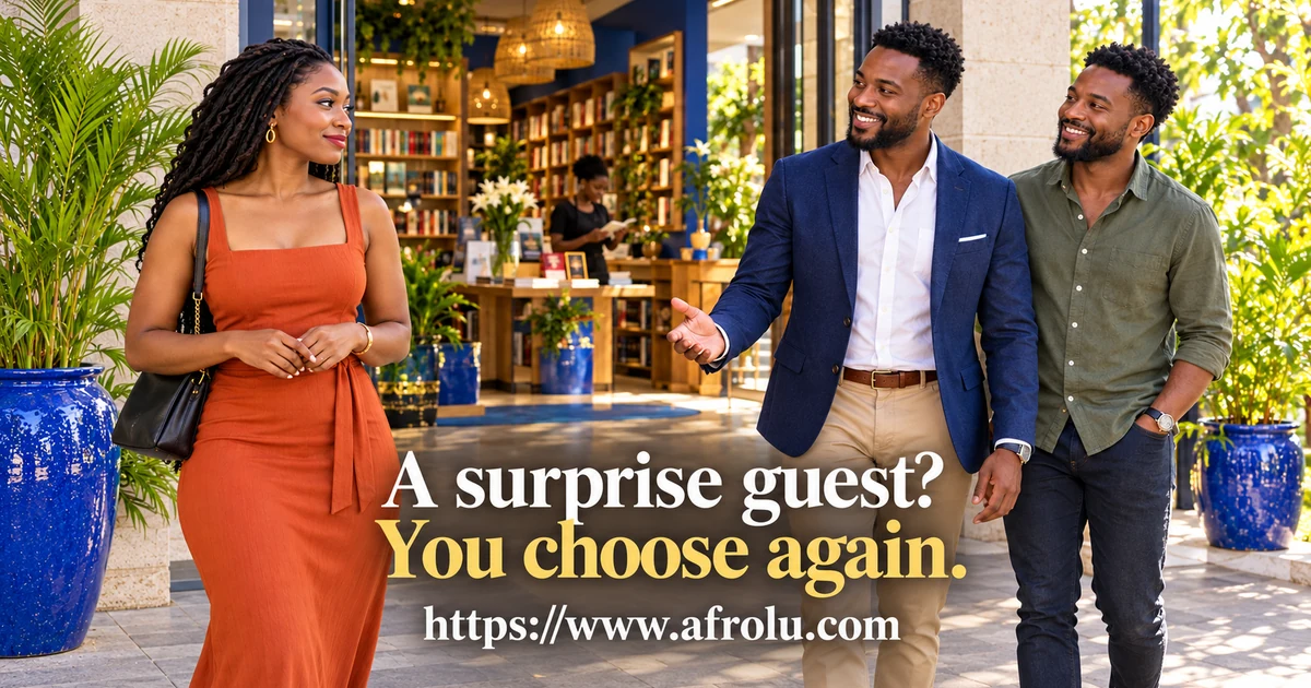 An adult Black woman pauses at a Nairobi bookshop entrance as her date arrives with an unannounced adult cousin.