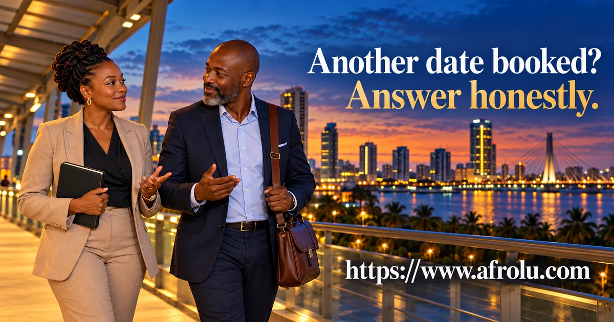Two mature Black professionals talk after work while one holds a closed planner that suggests an existing date.