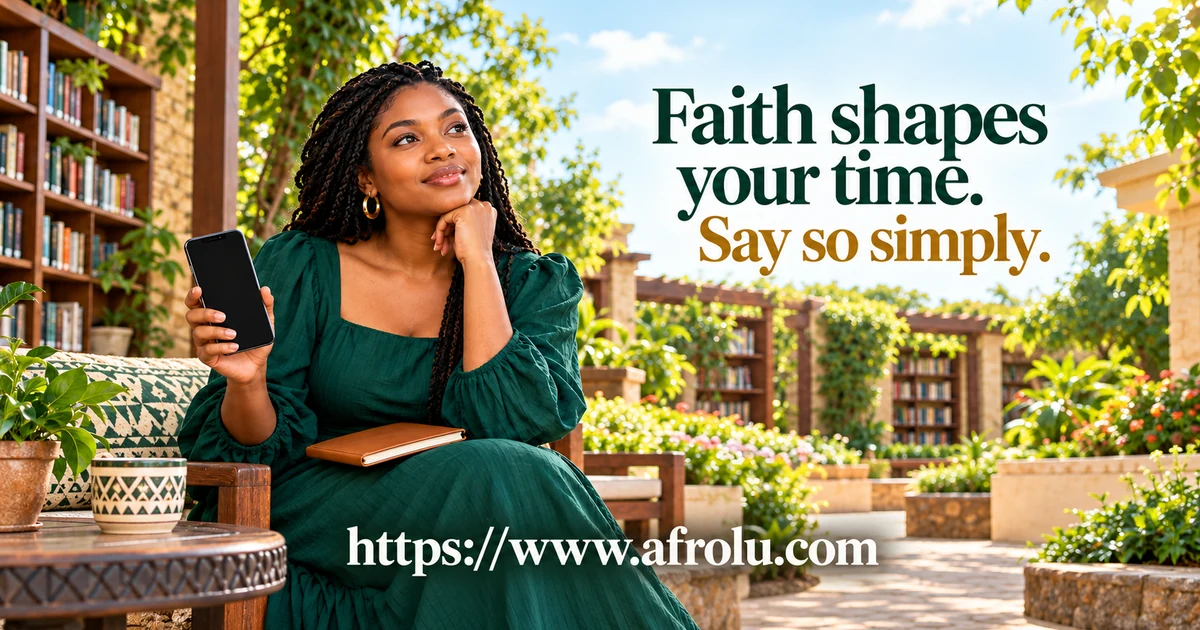 Adult Black woman with a phone and notebook pauses at a garden library before writing about her weekend availability.