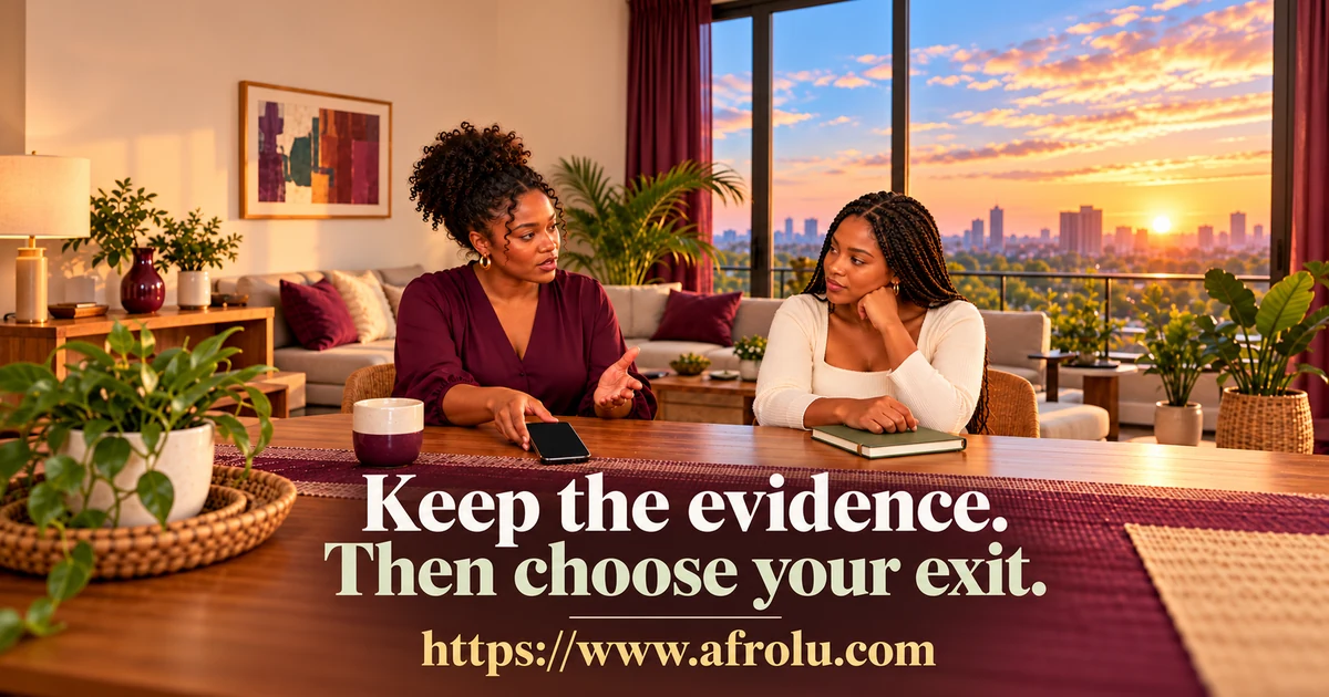 Two adult Black friends sit together at a home table; one keeps a blank phone nearby while asking for help after a harmful chat.