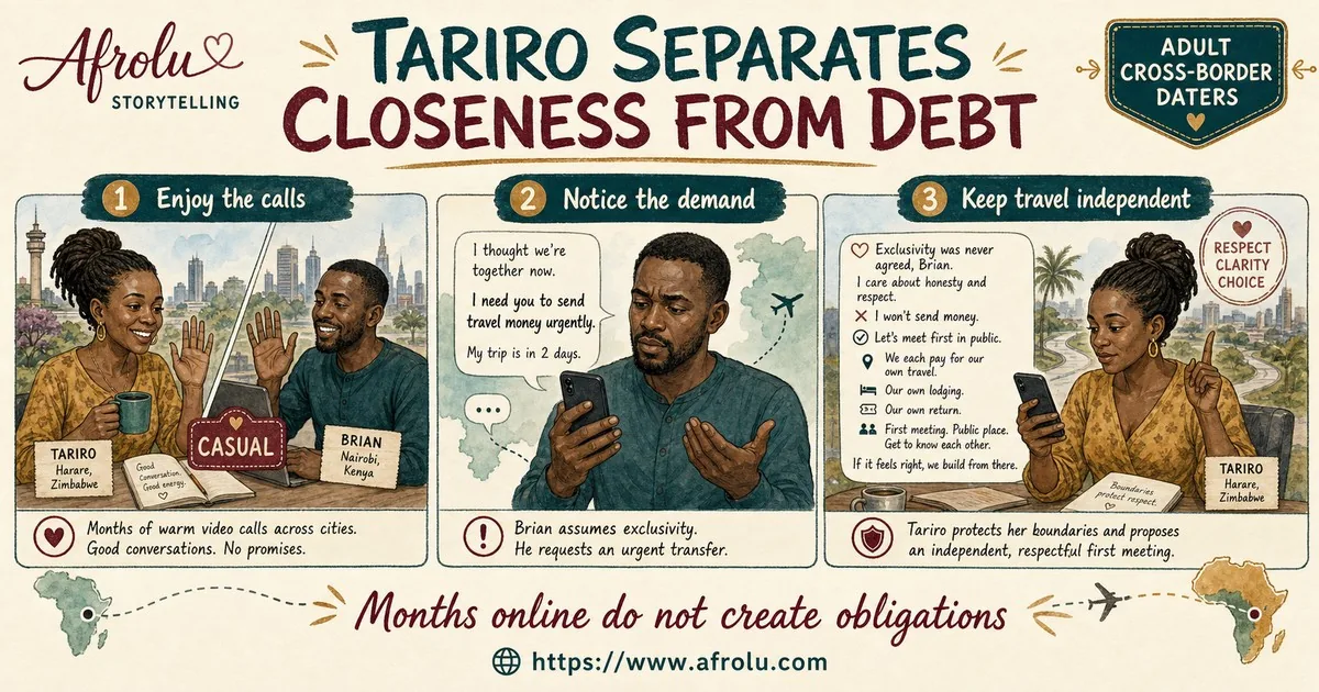 Illustrated dating scenario for Keep Casual Diaspora Long-Distance Dating Safe: Online time is not legal verification