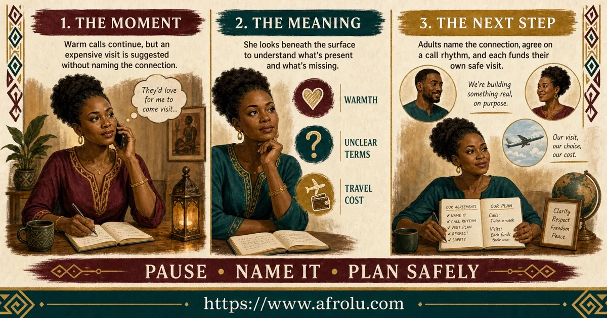 Illustrated dating scenario for A Clear Faith-Led Casual Long-Distance Agreement: Prayer calls become a label