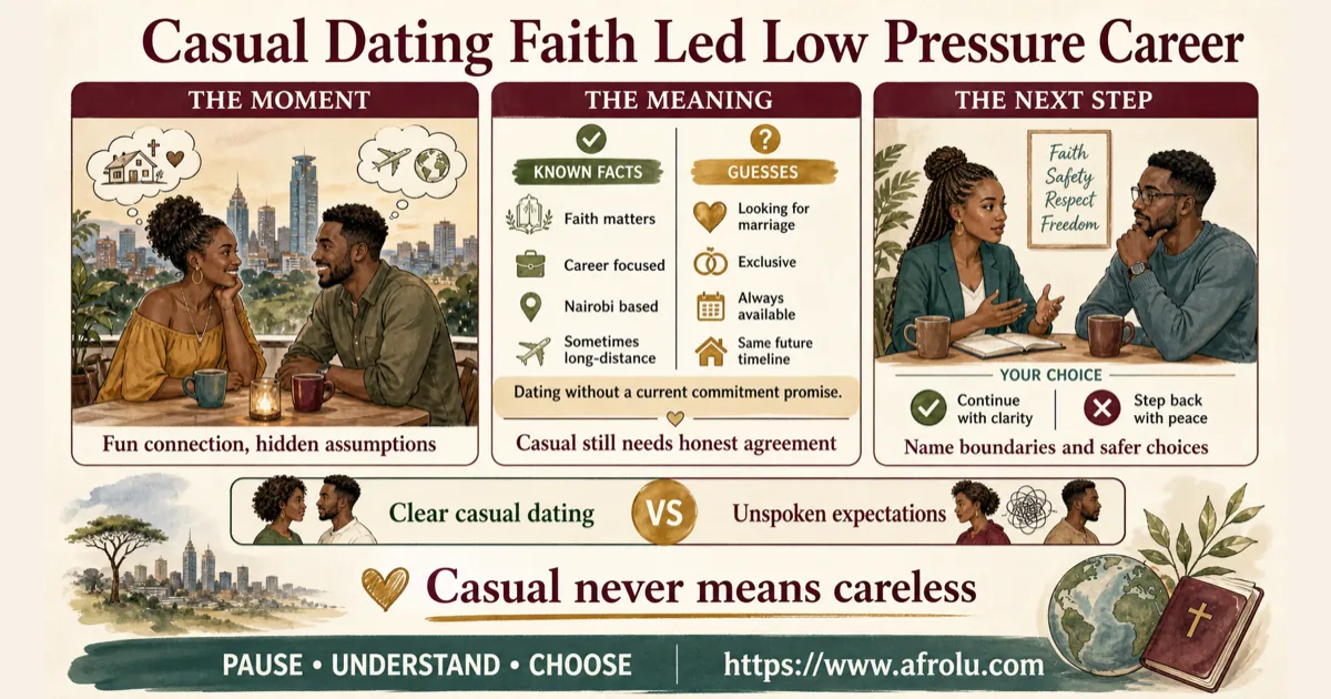 Illustrated dating scenario for Keep Faith-Led Casual Dating Low Pressure Around Work: Spiritual language does not change casual scope