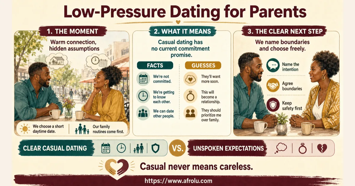 Illustrated dating scenario for Keep Casual Dating Low Pressure and Family-Safe as a Parent: Low pressure still respects care plans