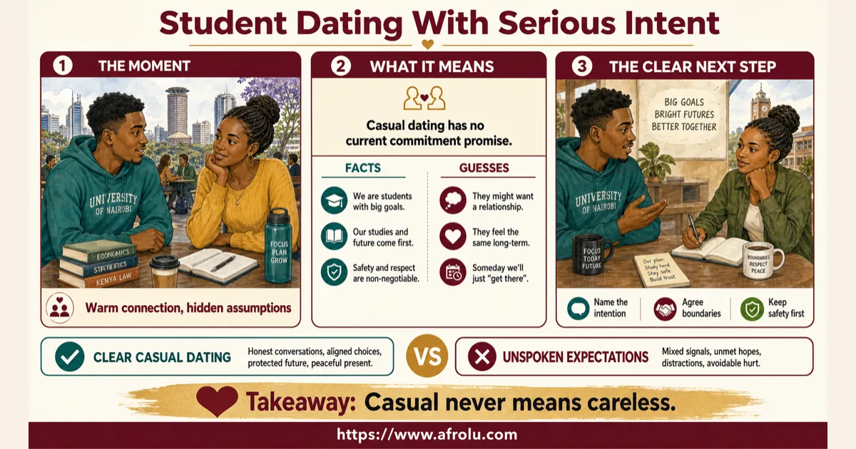 Illustrated dating scenario for Date Casually as a Nairobi Student with Serious Future Intent: Future intent does not create present structure
