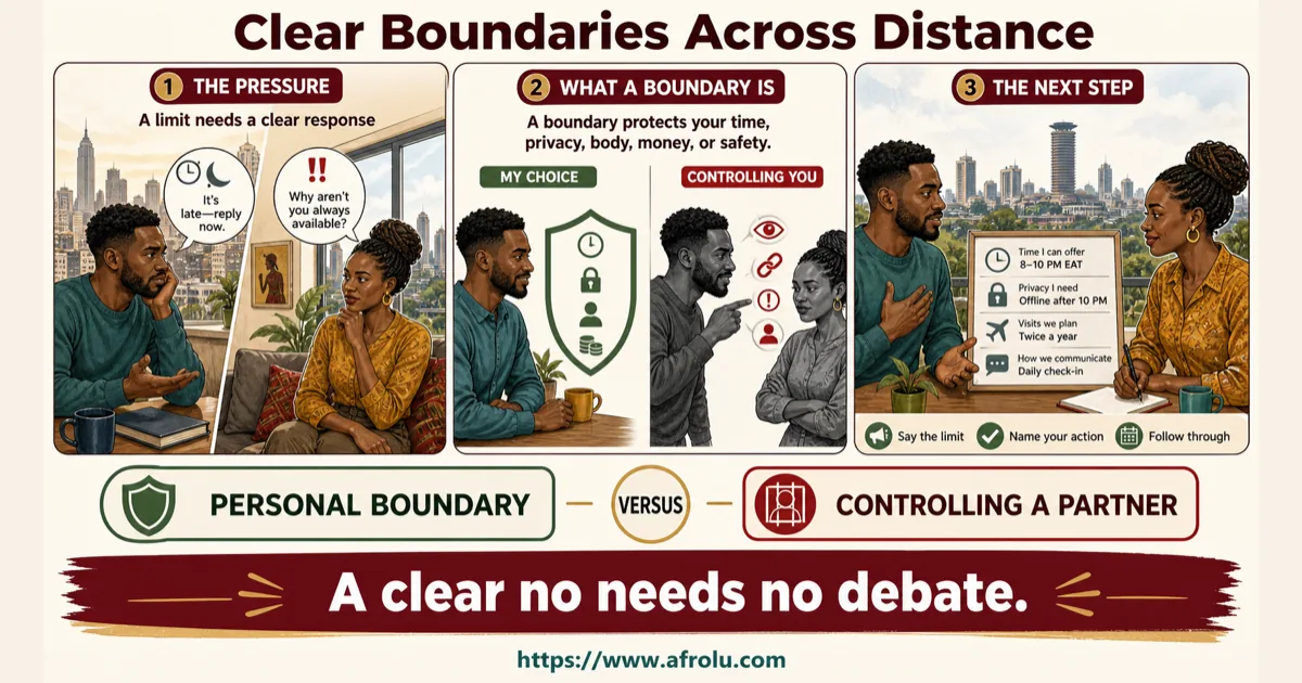 Illustrated dating scenario for Set Clear Diaspora Dating Boundaries in Nairobi: Calls interrupt sleep and work.