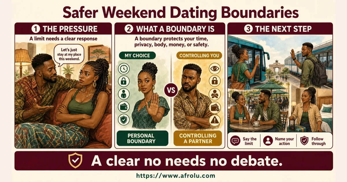 Illustrated dating scenario for Set Safe Diaspora Dating Boundaries for Weekend Visits: A confirmed plan can have a safety limit