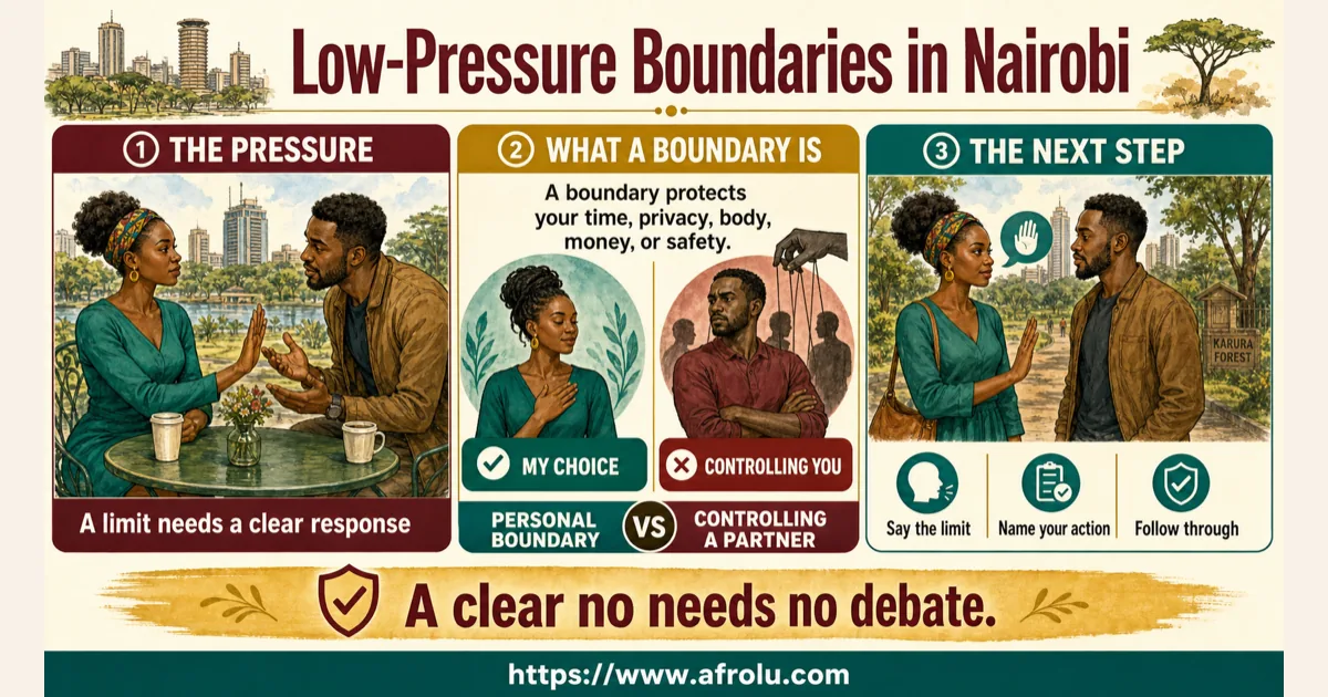 Illustrated dating scenario for Keep Faith-Led Nairobi Dating Clear and Low Pressure: Community visibility needs agreement
