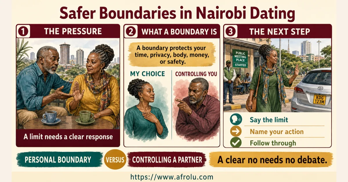 Illustrated dating scenario for Set Safe Nairobi Dating Boundaries When Someone Is Late: A deadline is an action you control