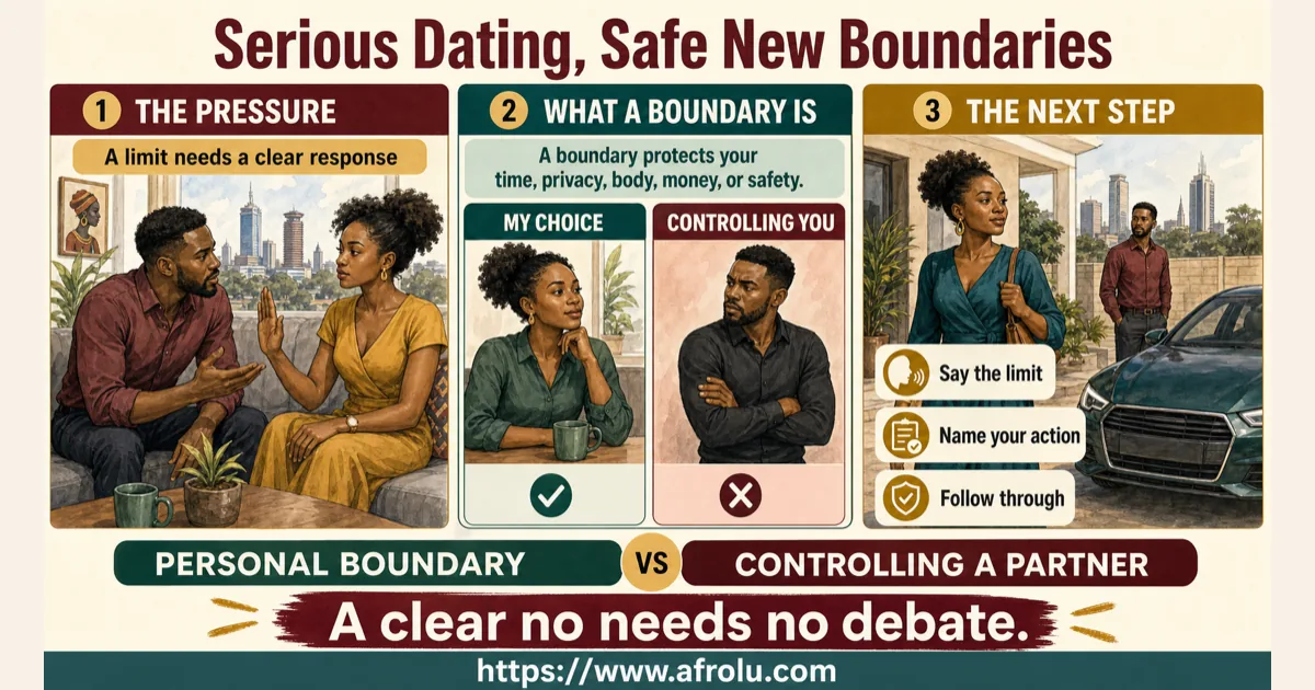 Illustrated dating scenario for Set Serious Dating Boundaries for a New Nairobi Chapter: Serious intent does not require an address