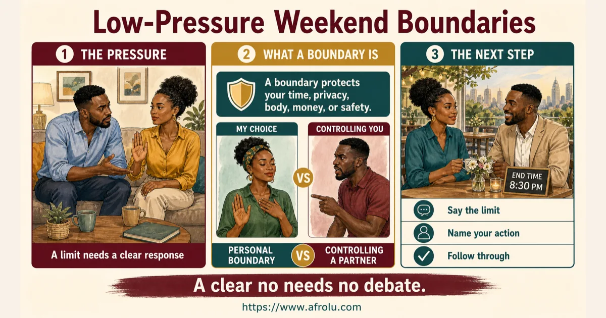 Illustrated dating scenario for Set Professional Weekend Dating Boundaries Without Pressure: A plan stays vague.