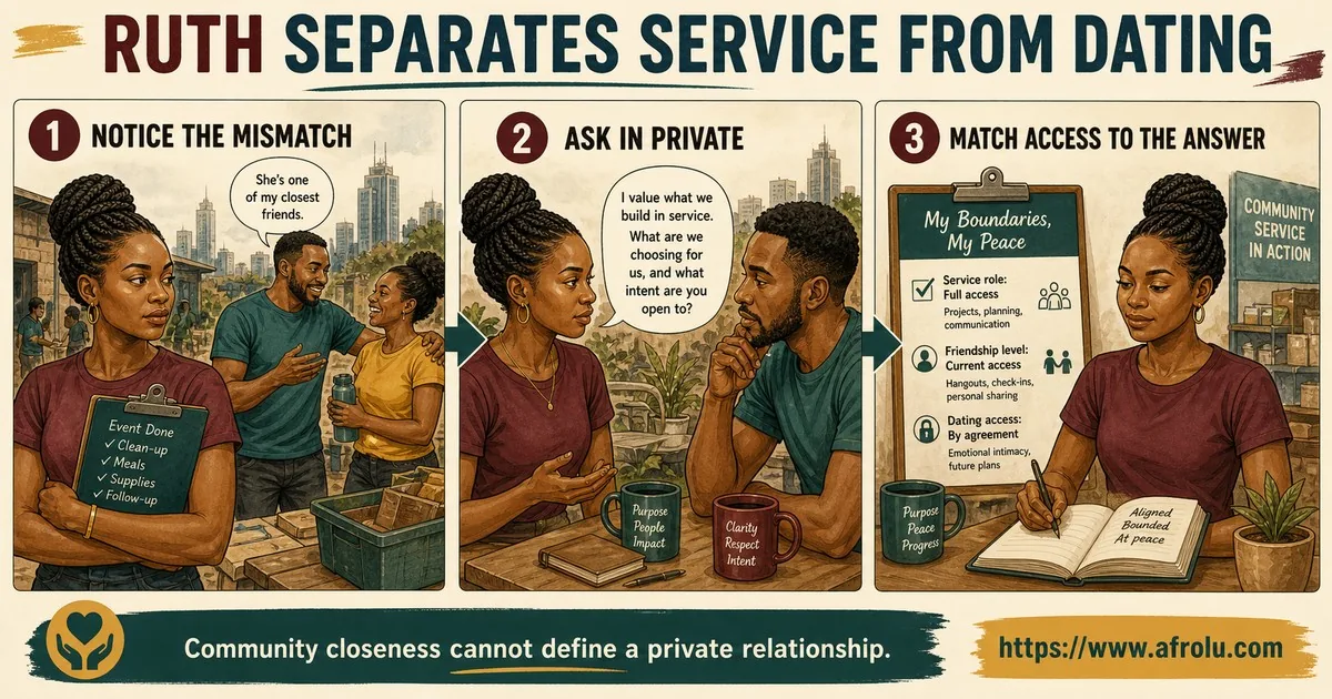 Illustrated dating scenario for A Serious but Undefined Faith-Led Connection in Nairobi: Ruth separates service from dating