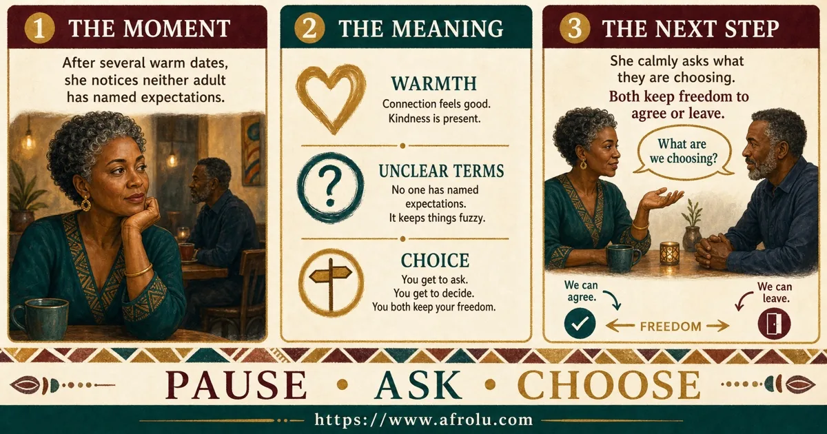 Illustrated dating scenario for Keeping a Later-Life Casual Situationship Low Pressure and Clear: Affection does not create home access