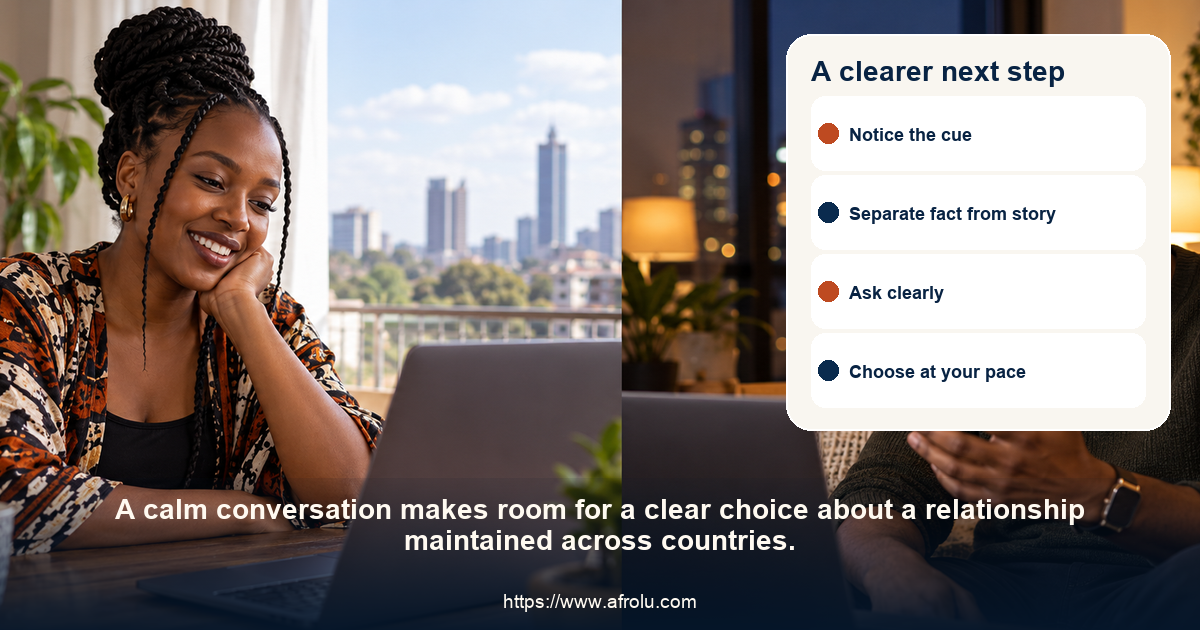 Adult diaspora daters share an equal, relaxed conversation about a relationship maintained across countries.