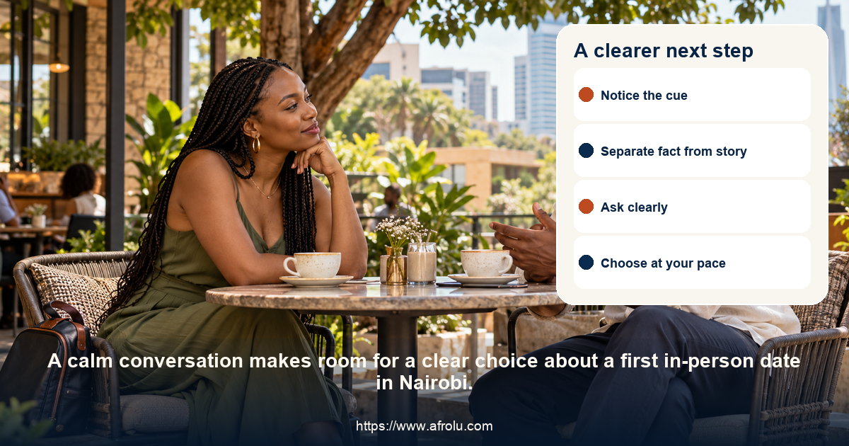 Adult diaspora daters share an equal, relaxed conversation about a first in-person date in Nairobi.