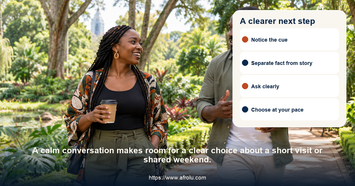 Adult diaspora daters share an equal, relaxed conversation about a short visit or shared weekend.