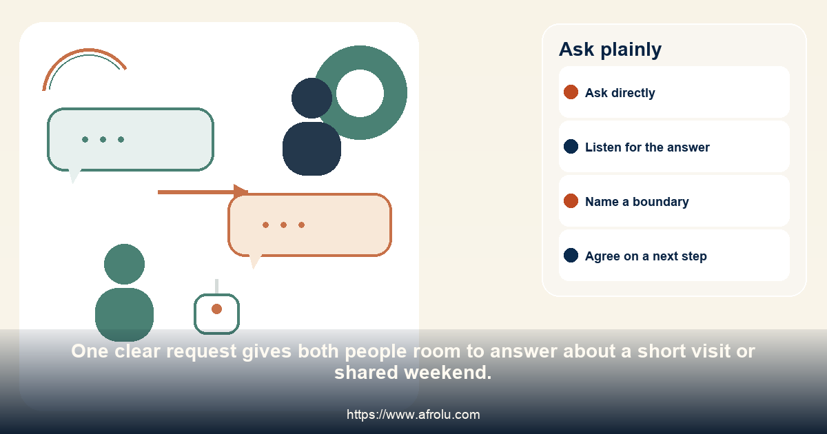 Two adults have an even conversation and agree on one practical question about a short visit or shared weekend.