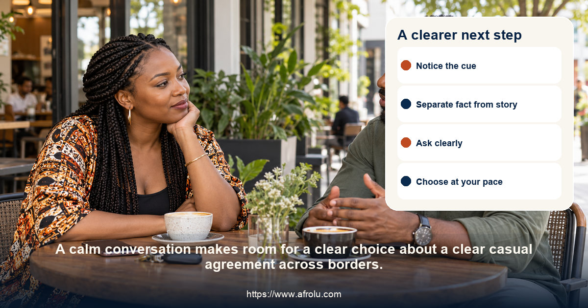 Adult diaspora daters share an equal, relaxed conversation about a clear casual agreement across borders.