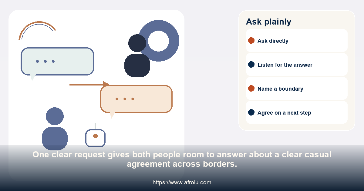 Two adults have an even conversation and agree on one practical question about a clear casual agreement across borders.