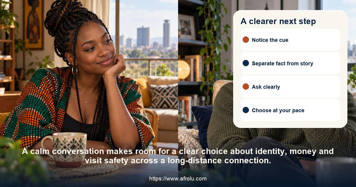 Adult diaspora daters share an equal, relaxed conversation about identity, money and visit safety across a long-distance connection.