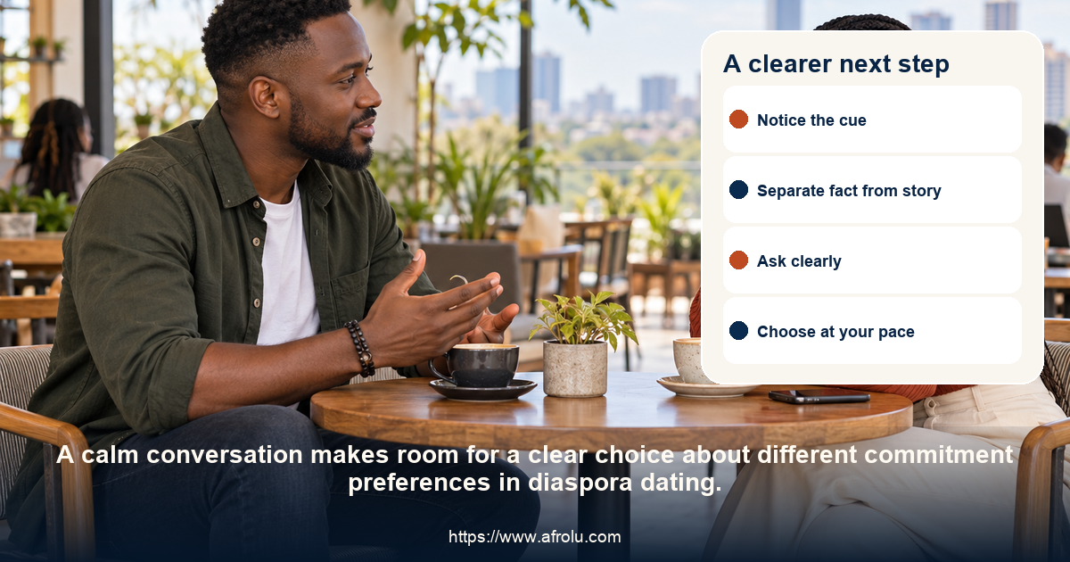 Adult diaspora daters share an equal, relaxed conversation about different commitment preferences in diaspora dating.