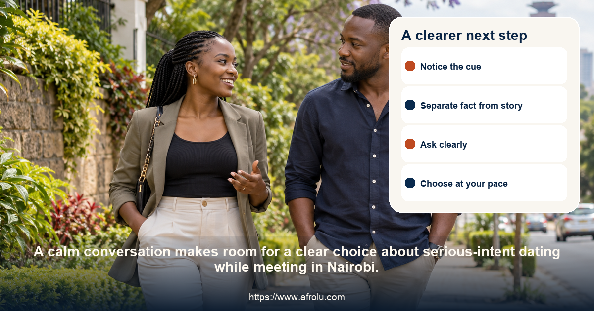 Adult diaspora daters share an equal, relaxed conversation about serious-intent dating while meeting in Nairobi.
