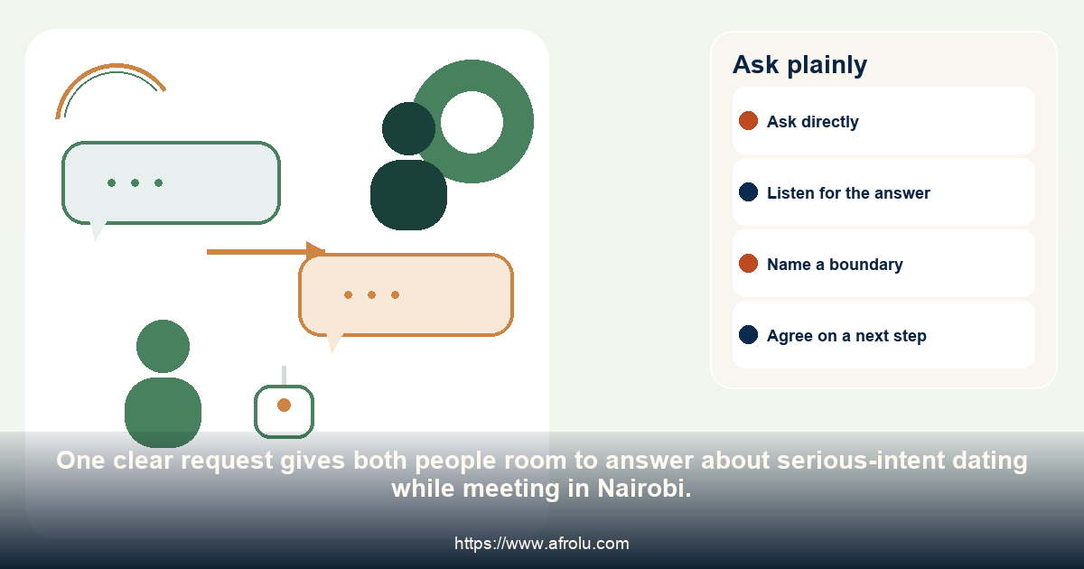 Two adults have an even conversation and agree on one practical question about serious-intent dating while meeting in Nairobi.