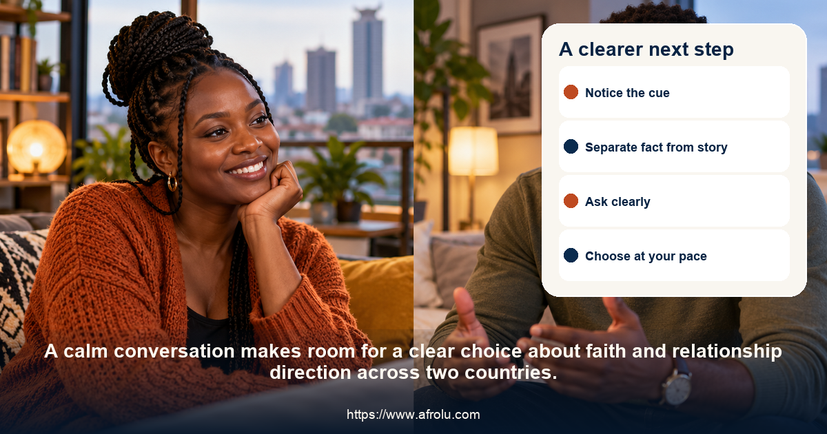 Adult diaspora daters share an equal, relaxed conversation about faith and relationship direction across two countries.