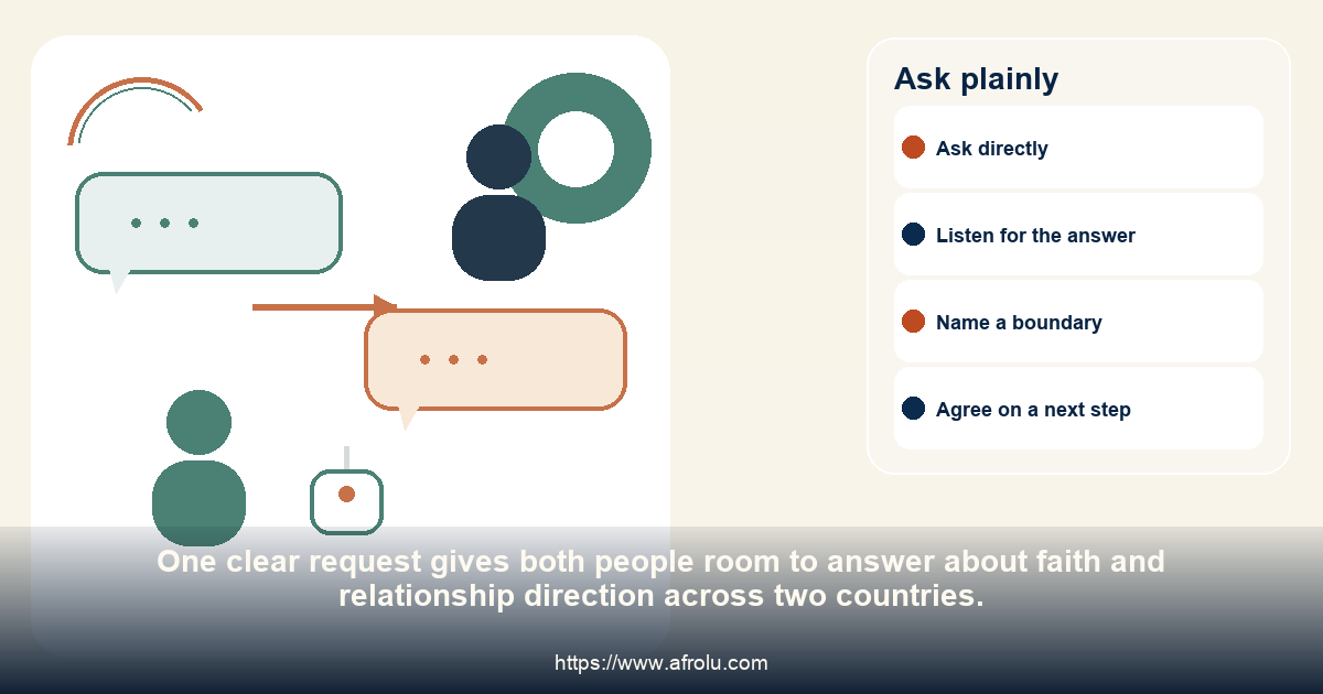 Two adults have an even conversation and agree on one practical question about faith and relationship direction across two countries.
