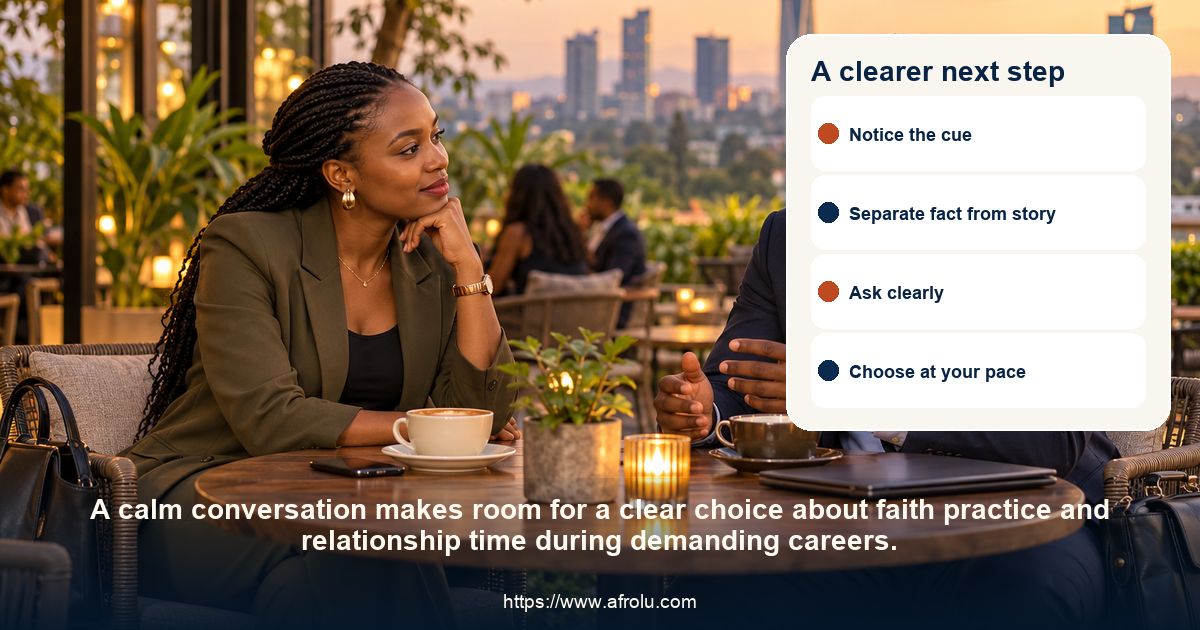 Adult diaspora daters share an equal, relaxed conversation about faith practice and relationship time during demanding careers.