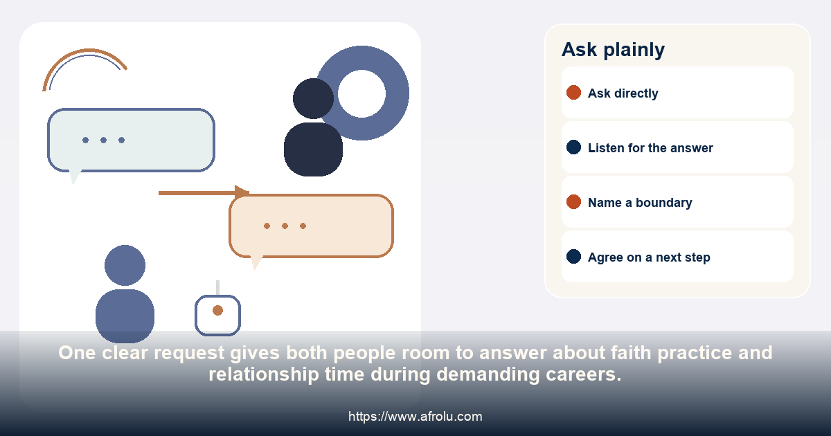 Two adults have an even conversation and agree on one practical question about faith practice and relationship time during demanding careers.