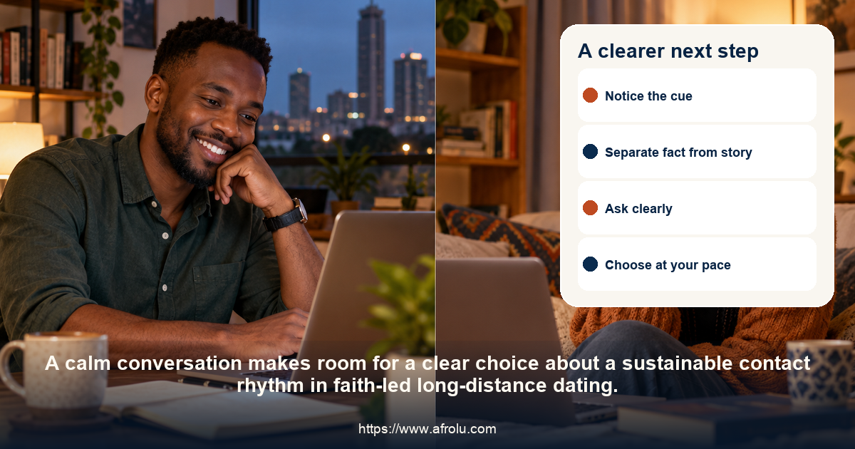 Two adults share a respectful conversation about a sustainable contact rhythm in faith-led long-distance dating.