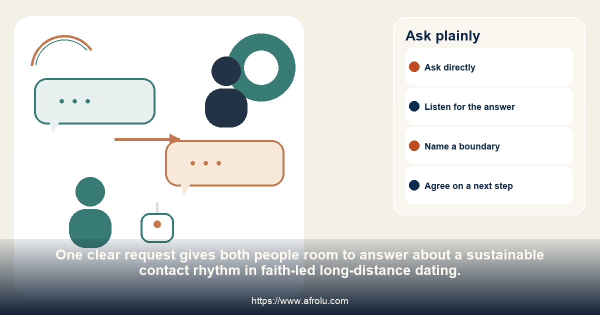 Two adults have an even conversation and agree on one practical question about a sustainable contact rhythm in faith-led long-distance dating.