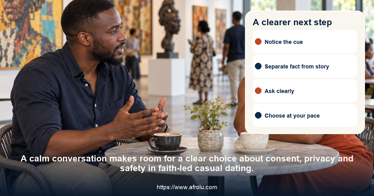 Two adults share a respectful conversation about consent, privacy and safety in faith-led casual dating.