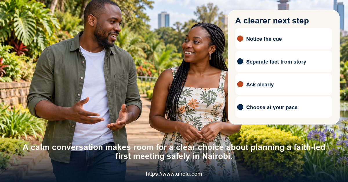 Two adults share a respectful conversation about planning a faith-led first meeting safely in Nairobi.