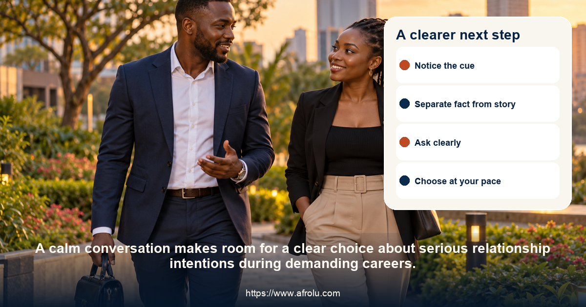 Two adults share a respectful conversation about serious relationship intentions during demanding careers.