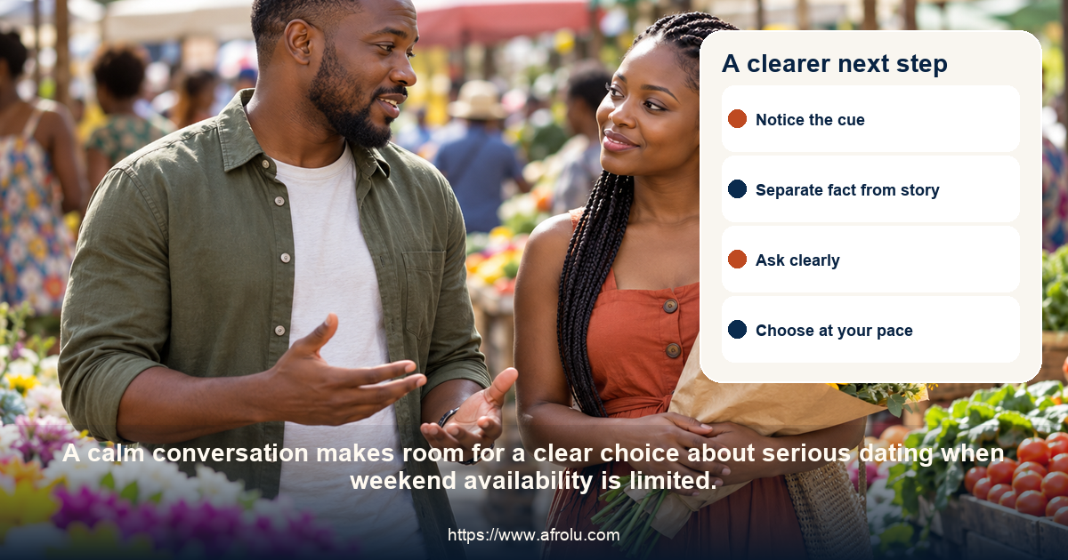 Two adults share a respectful conversation about serious dating when weekend availability is limited.