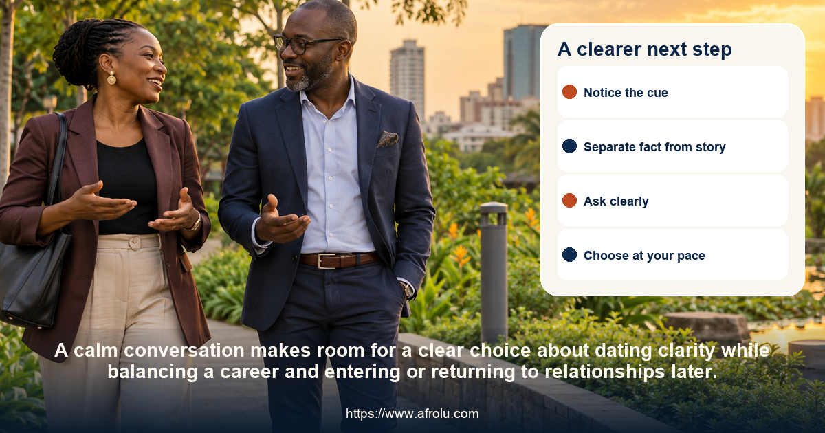 Two adults share a respectful conversation about dating clarity while balancing a career and entering or returning to relationships later.