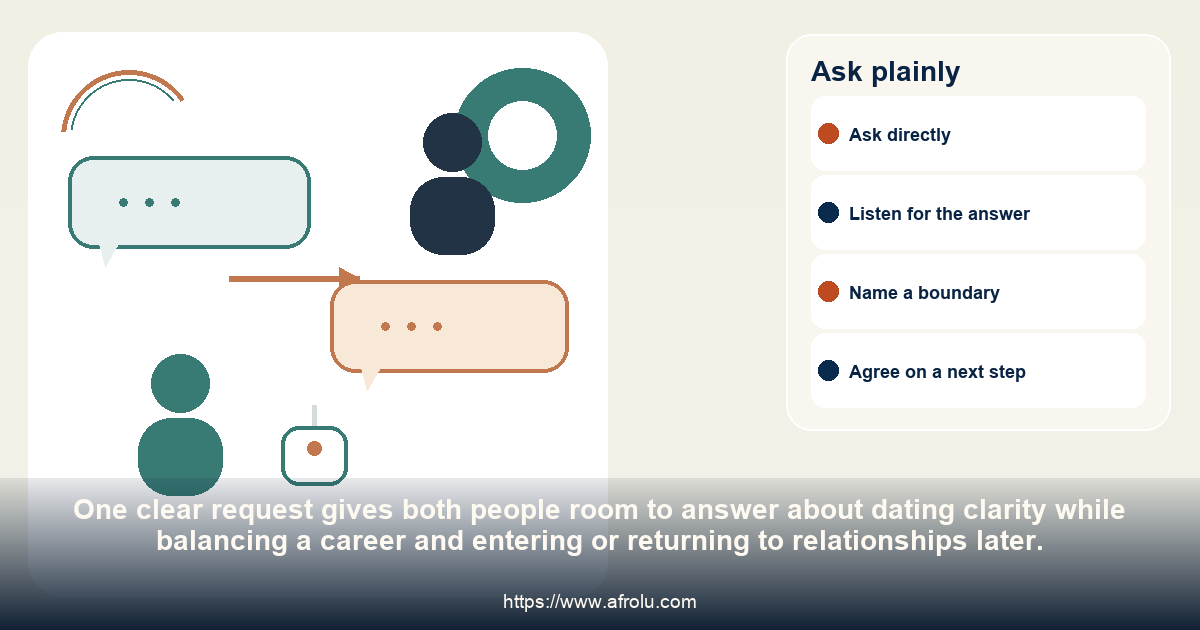 Two adults have an even conversation and agree on one practical question about dating clarity while balancing a career and entering or returning to relationships later.